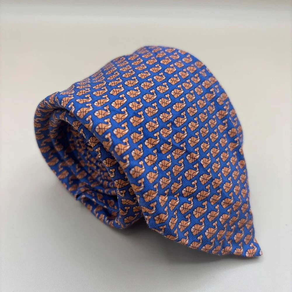 Vineyard Vines Mens Blue Orange Basketball Whale Silk Tie Prep Sporty USA Made